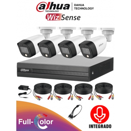 FULLCOLORKITA - KIT FULLCOLOR AUDIO 2MP / DVR 4CH H.265+ 1080p LITE / 4 Cámaras HFW1239C-A-LED 2MP / 4 Cables / 1 Fuente Poder