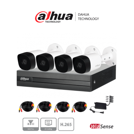 KITXVR1B04HI+4B2A51 - KIT 5MP / DVR 4 CH H.265+ 5M-N / 4 Cámaras Bala B2A51 5MP / 4 Cables / 1 Fuente de Poder